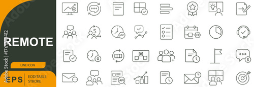 Remote Work Icon Set – Symbols of Virtual Collaboration, Time Management, and Digital Productivity