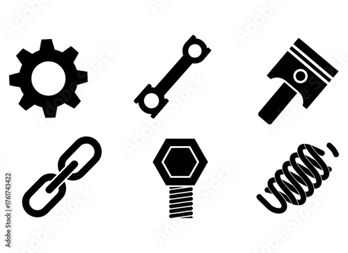 Monochrome vector icon collection of essential mechanical engineering components and industrial hardware