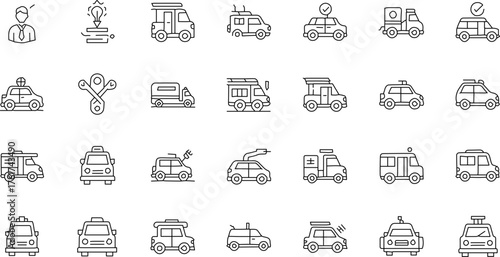 Vehicle, Transport, and Delivery Services Line Icon Set