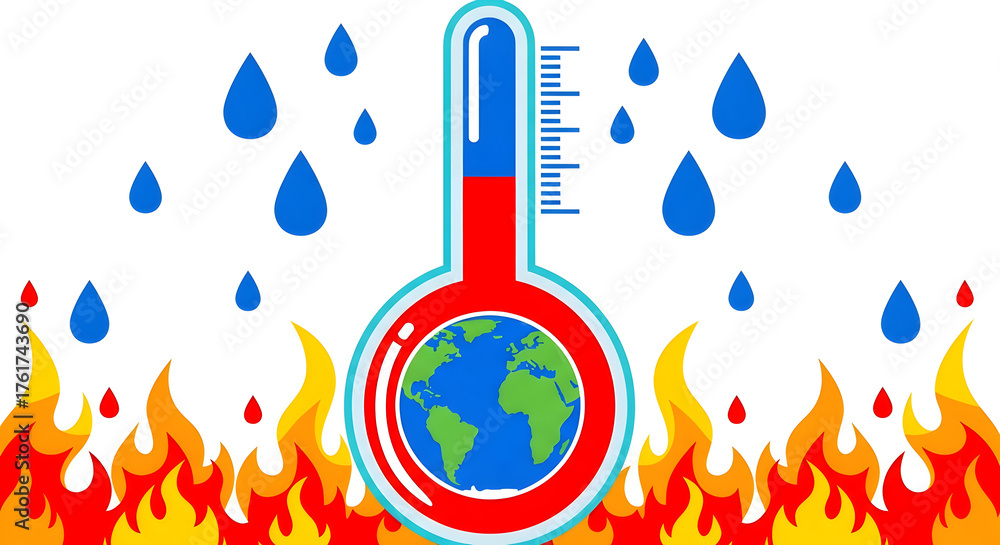 Fototapeta premium Thermometer and Earth Illustration Showing Global Warming