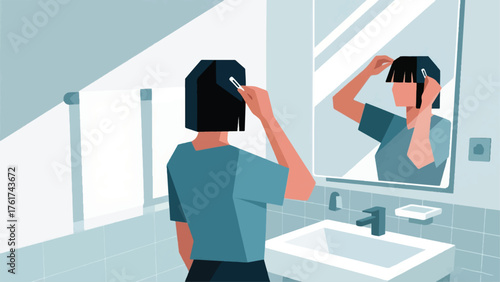 Illustration Vector Of A Person Trying Out A New Hairstyle In Their Bathroom Mirror Vector Design Template