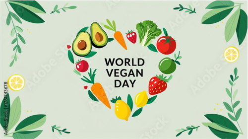 This image is a cheerful and vibrant flat lay celebrating World Vegan Day. It features a variety of fresh, colorful vegetables and fruits artfully arranged on a white background. Prominently displayed