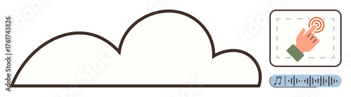 Cloud shape with a hand tapping on a button, accompanied by audio control bar. Ideal for cloud technology, data storage, user interface, gesture control, media, innovation, simple flat metaphor