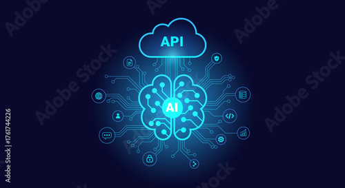 AI connects to API cloud and neural network - AI technology blue background vector in futuristic flat minimal line style