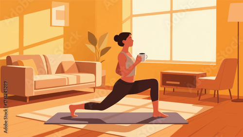 Illustration Person Performing A Gentle Morning Stretch On A Yoga Mat In A Sunlit Living Room, Holding A Mug Of Coffee Vector Design Template