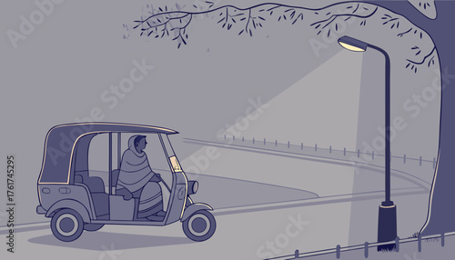 .Old rickshaw parked under street light with driver sitting inside wrapped in shawl, fog all around, empty road, peaceful winter night scene.