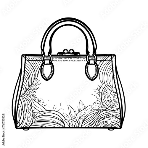 Women's bag, black and white sketch. Vector illustration. Elegant ladies' valise, isolated on a white background.