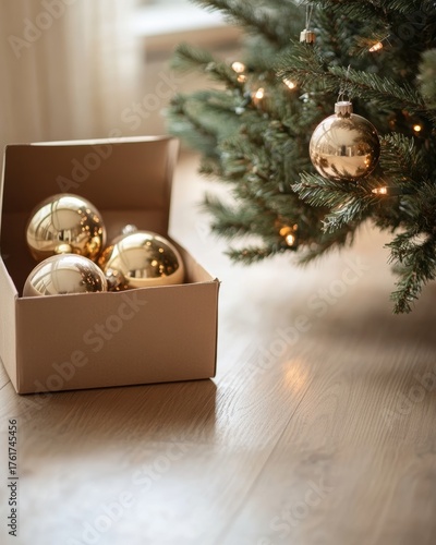 Antique Ornaments Unveiled from Aged Box Next to Christmas Tree, Capturing Holiday Memories. Holiday preparations.