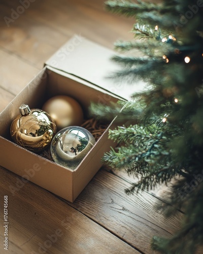 A Nostalgic Holiday Scene Featuring Vintage Christmas Ornaments in a Cardboard Box by a Real Tree.  Holiday preparations.