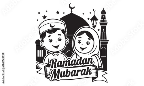 "Ramadan Mubarak Kids Illustration – Black & White Festive Mosque Design with Boy, Girl, and Crescent Elements"