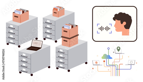 Filing cabinets with documents and a laptop voice recognition technology icon cloud connectivity diagram linking devices. Ideal for data management, organization, digitization, cloud storage