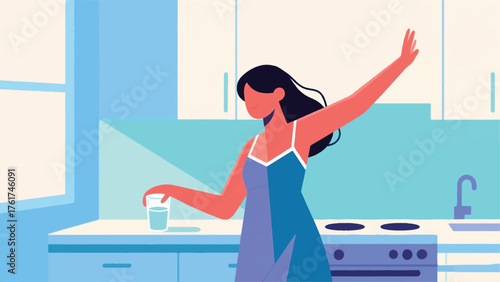 Illustration Vector A Young Woman Wakes Up, Stretches, And Pours Herself A Glass Of Water In A Bright, Minimalist Kitchen Vector Design Template
