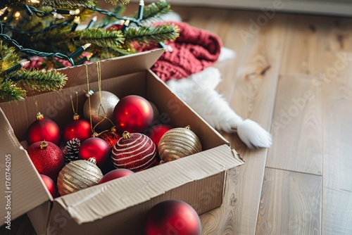 Decorating for Christmas with Colorful Baubles and Creating a Festive New Year Atmosphere at Home.  Holiday preparations.