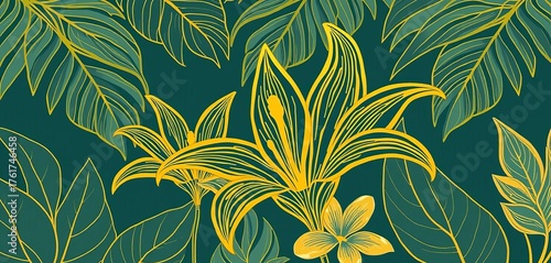 Elegant gold lily line art floral pattern on tropical background , wall art, illustration