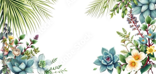 Elegant watercolor wedding invitation frame with palm, succulent, eucalyptus, herbs, and greenery,  invite,  watercolor