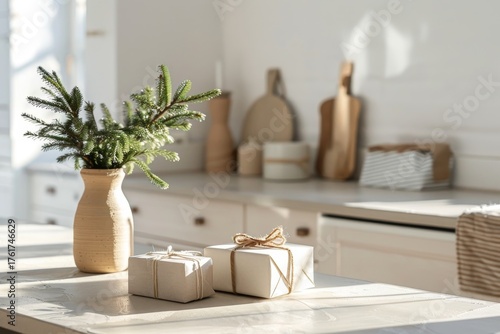 Bright kitchen vignette with simple gifts, fir vase, and warm sunlight for a festive feel.