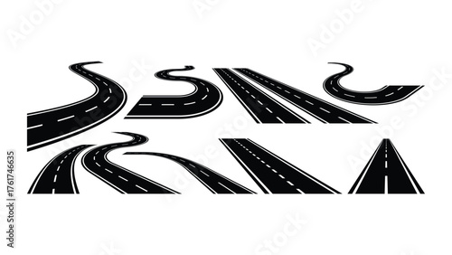 Curved and straight road elements set isolated on white background