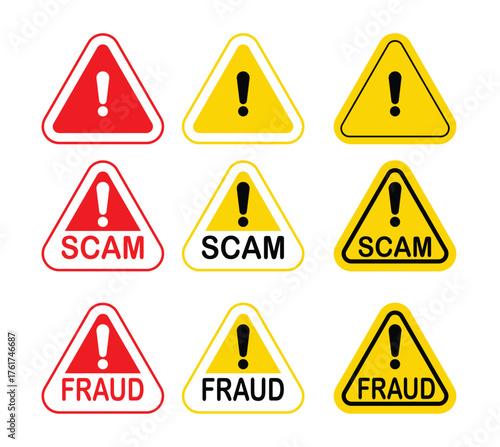 Scam and fraud warning signs set isolated on white background
