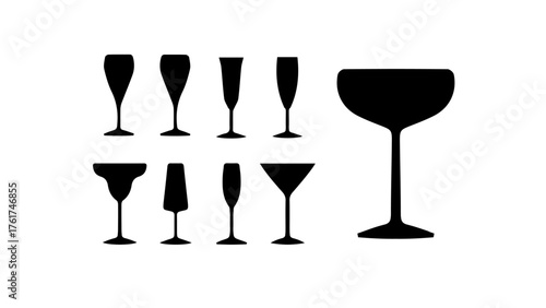 Champagne and cocktail glass silhouettes set isolated on white background