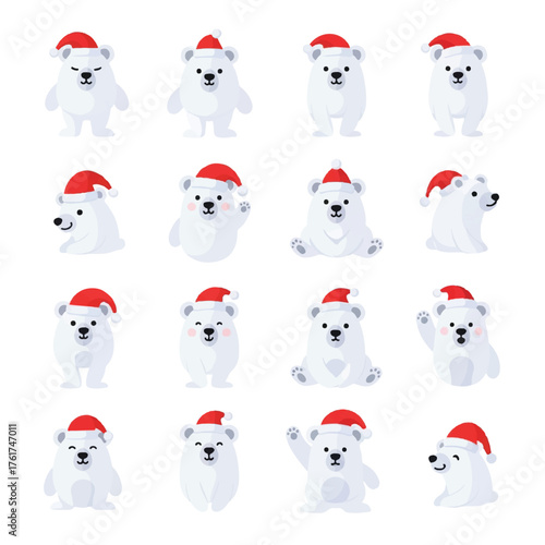 Flat 2D vector illustration of multiple polar bears wearing Santa hats on a white background for Christmas celebration.