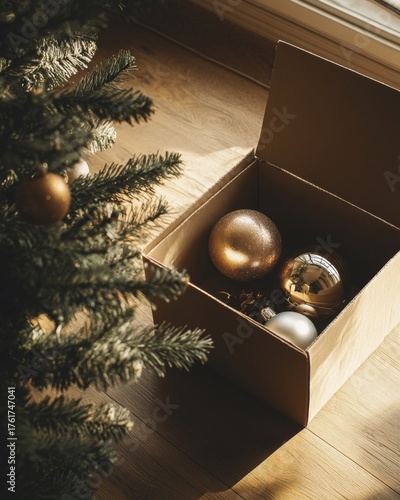 Unpacking Holiday Cheer Golden Christmas Decorations Revealed Next to Warm Twinkling Lights