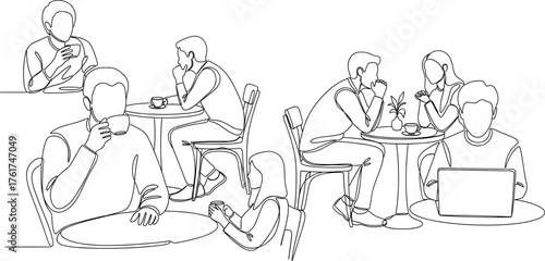  Café scene with people drinking, chatting, working on laptops, using phones—social interaction, relaxation, technology, casual lifestyle, public space.