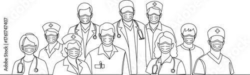 Medical team of doctors and nurses wearing masks, united in healthcare service—hospital staff, teamwork, public health, professional care, protection.