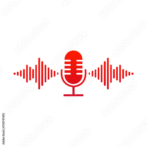 Red Microphone Icon, Audio Recording Symbol, Voice Input Graphic, Podcast Illustration, Sound Wave Design, Modern Communication Art, Digital Speech Logo