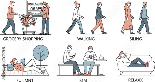 Cartoon-style illustration of daily activities—shopping, walking, relaxing, chatting, using devices—modern lifestyle, casual moments, expressive gestures, urban routine.