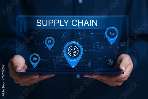 Global supply chain management – digital interface with logistics, manufacturing, and transportation icons in glowing blue tones