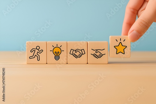 Success journey concept – wooden blocks with icons for action, innovation, partnership, and achievement