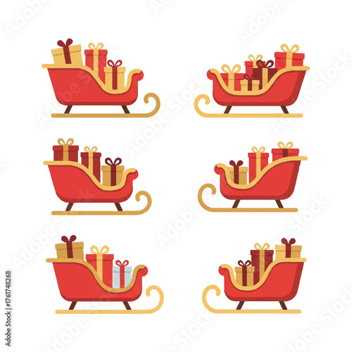 Flat 2D vector illustration of six red Christmas sleighs with gold accents and wrapped presents against a clean white background, perfect for holiday designs.