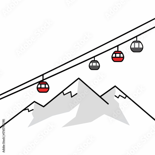 Ski lift gondolas moving across diagonal cable with snowy mountain silhouettes on pale blue background.