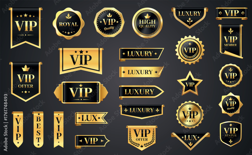 Naklejka premium VIP luxury labels. Golden premium quality badges and stickers, elegant frame design elements for certificate, scroll and award. Vector luxurious isolated set