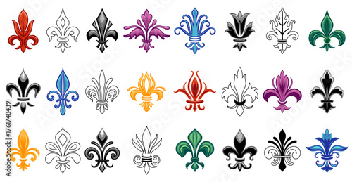 lilHeraldic lily. Fleur de lis black colored and line icons, french antique emblem logo, traditional decorative coat of arms flowers for heraldry badge design. Vector isolated set
