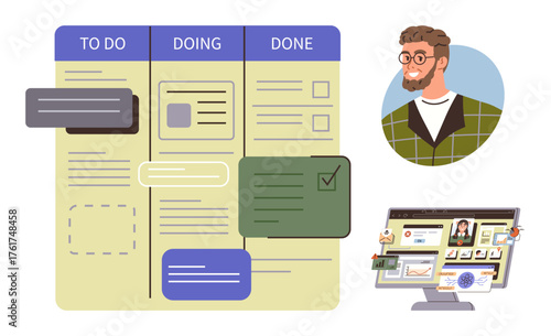 Kanban board with task columns, user profile illustration, and online work interface. Ideal for workflow organization, team collaboration, task prioritization, agile planning, productivity, project