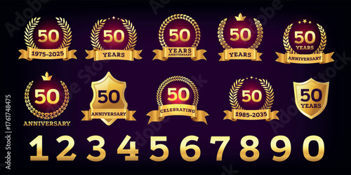 Golden anniversary badge. 50 years VIP wedding celebration logo, simple elegant luxury label design with gold number for birthday party. Luxurious vector set