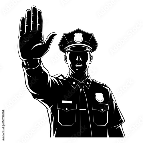 Authoritative police officer in uniform signals stop with raised hand, conveying authority and control in a clear, commanding gesture, representing safety and order.