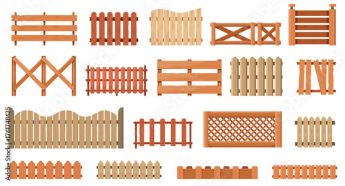 Wooden fence. Cartoon rural wood panel gate wall, flat picket boundary construction with boards, country farm security enclosure. Vector garden fences set