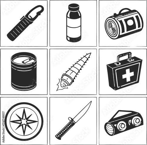Survival Kit Icons Arranged In A Grid flashlight