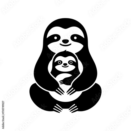 Adorable mother sloth lovingly cradles her baby in a heartwarming embrace, symbolizing maternal care and gentle protection in a charming, simplified design