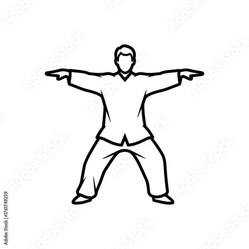 Man gracefully practicing Tai Chi or Qigong, embodying balance, mindfulness, and serene movement in a simplified line art style perfect for wellness and martial arts promotion.