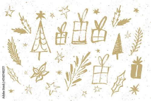 Set of vector sketchy drawings of Christmas decoration elements: presents, Christmas tree, leaves and branches, stars. Rough brush texture. Isolated on white background.