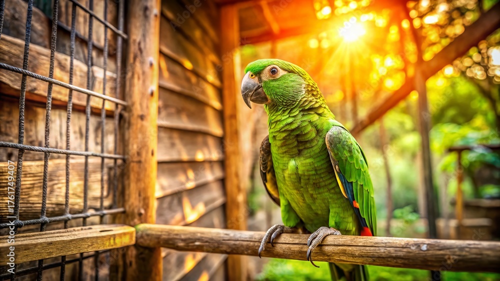 Obraz premium Green Parrot in Cage, Outdoor Shade, Fashion Photography