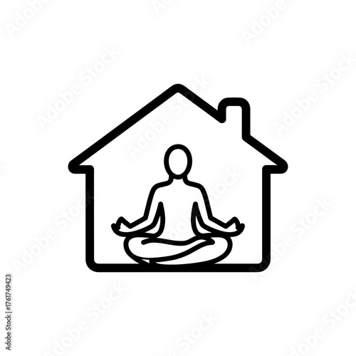 Serene person meditating peacefully within a stylized home outline, symbolizing inner peace, mindfulness, and sanctuary for mental well-being and calm.