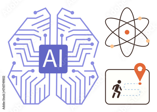 AI brain circuit pattern, atom structure, and navigation map with location marker and figure. Ideal for technology, computing, science, innovation, data research and intellect themes. Simple flat