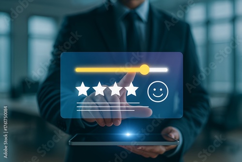 Customer satisfaction rating – professional interacting with five-star digital feedback interface in modern business environment