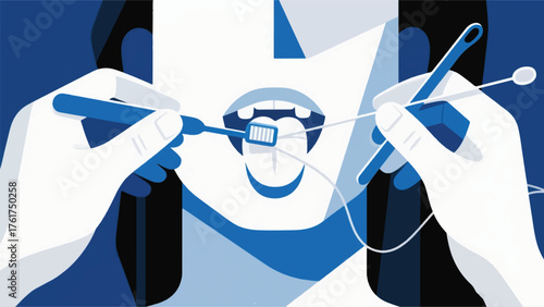 Illustration Vector Close-Up On Hands Using A Tongue Scraper And Floss, Illustrating A Morning Dental Hygiene Routine Vector Design Template