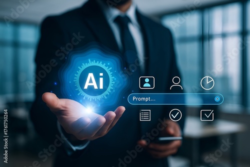 AI-powered business tools – professional holding glowing artificial intelligence icon with digital interface for smart productivity