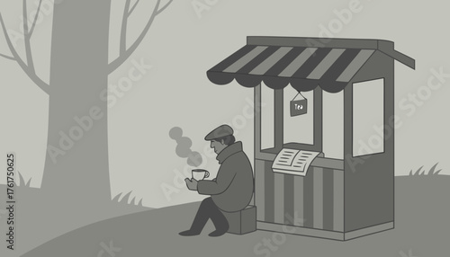 Man sitting near small tea stall reading newspaper, hot cup beside him, thick fog covering background, early winter morning atmosphere.